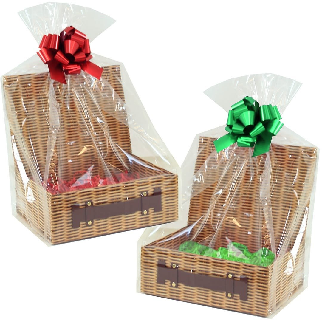 Wicker baskets wrapped in cellophane with shredded filler