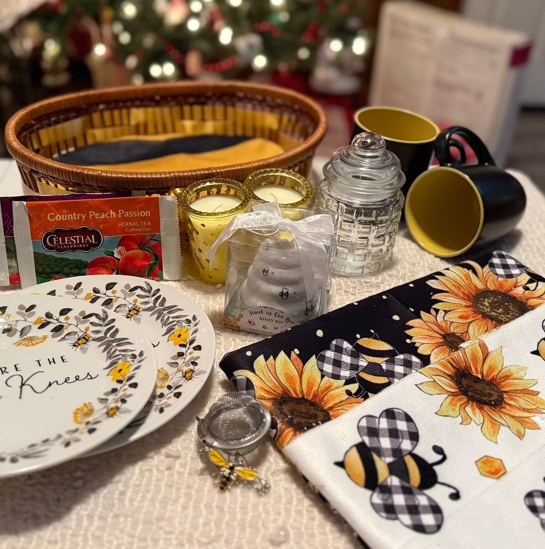 Gift items laid out on table before arranging