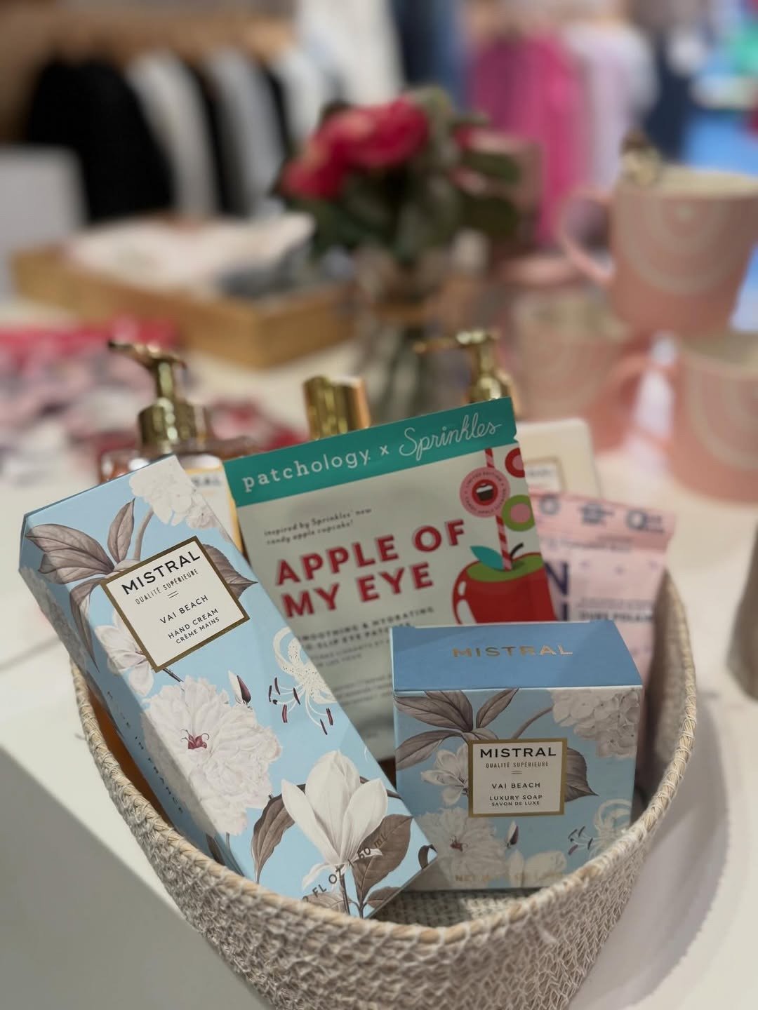 Close-up inside woven basket with arranged beauty items