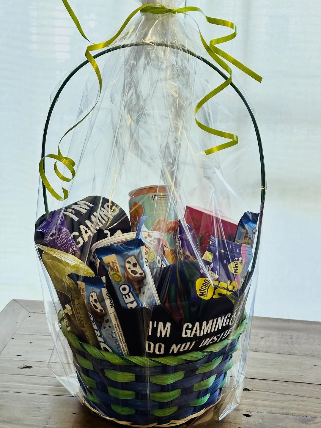Gaming snack basket wrapped in cellophane