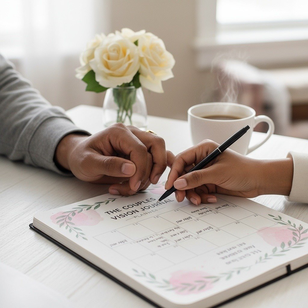 Hands writing in a couples vision journal planner with coffee and dried roses