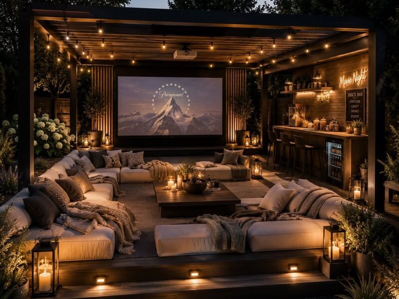 Backyard movie night at dusk with pergola, large projection screen and lounge seating under string lights