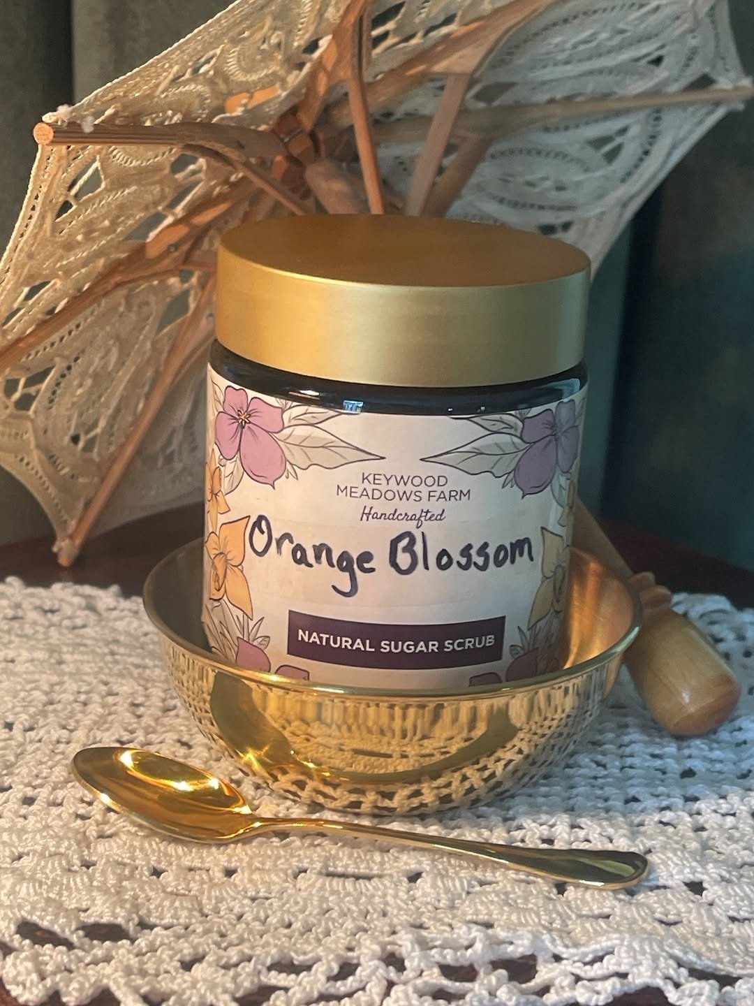 Orange blossom sugar scrub jar with gold lid