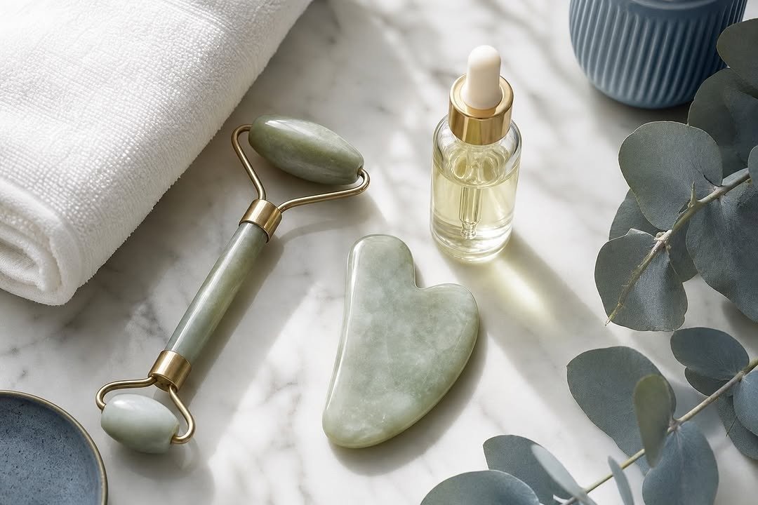 Jade roller and gua sha stone flat lay