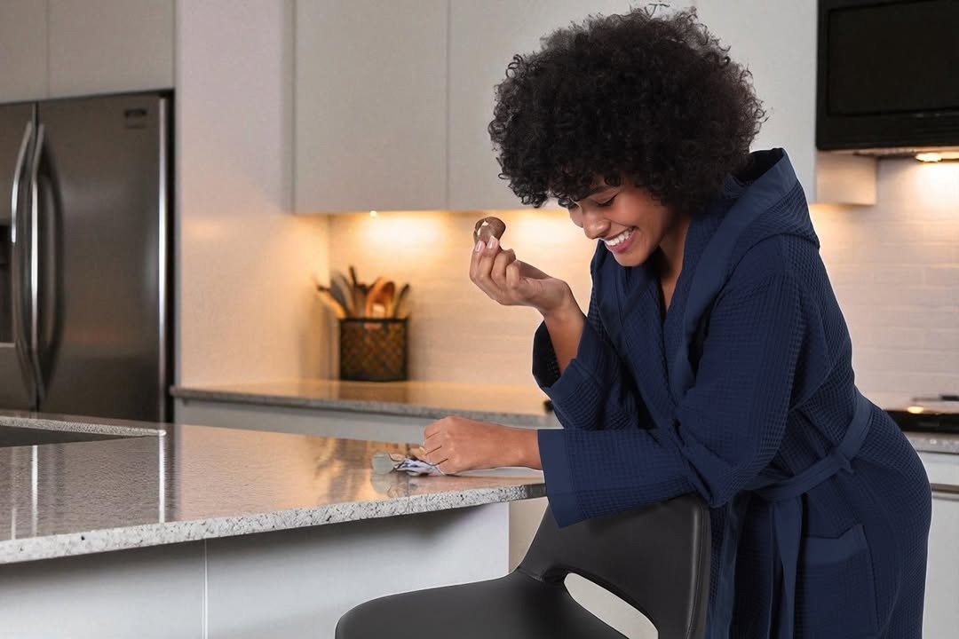 Woman in navy waffle robe at home