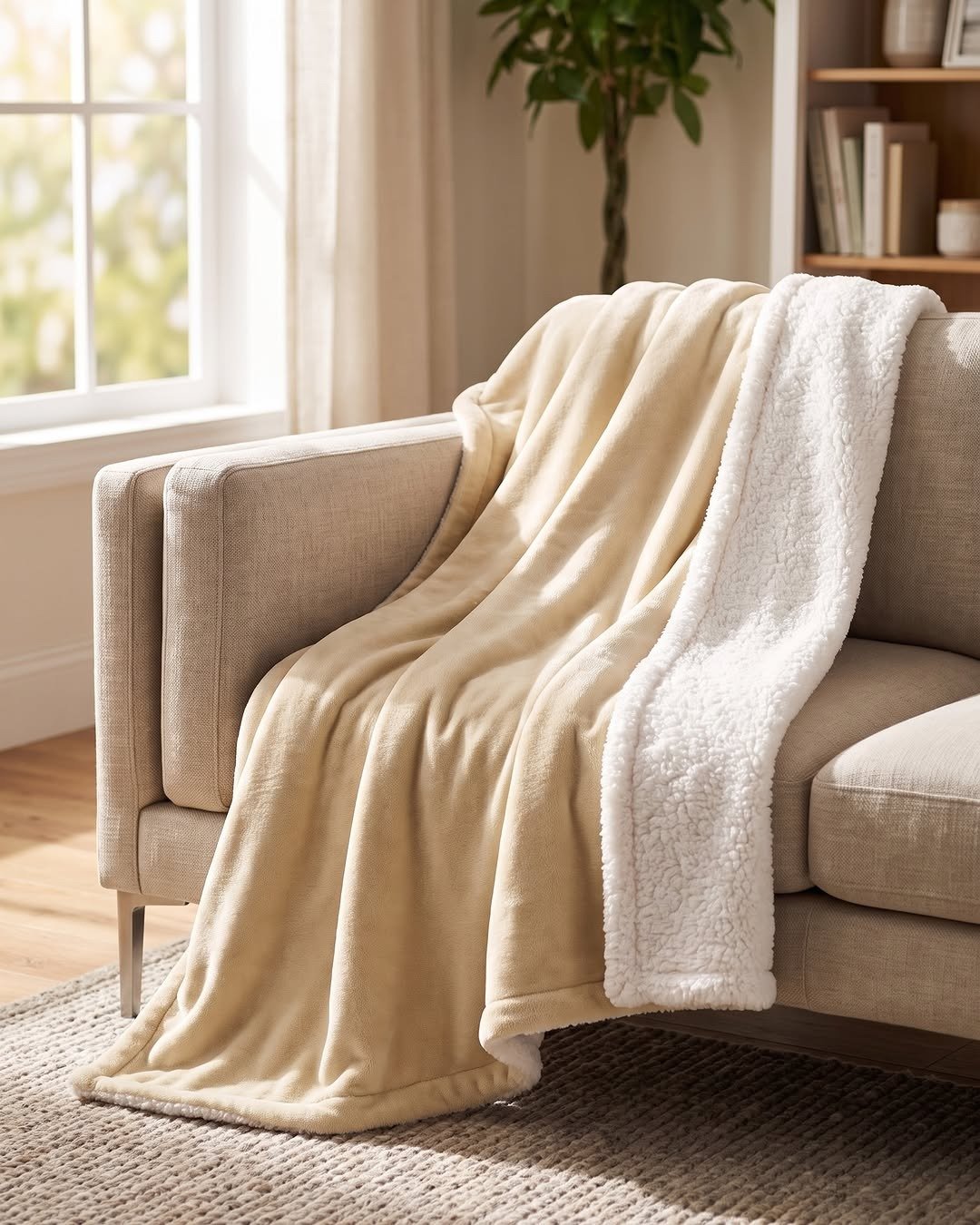 Beige sherpa throw draped on sofa