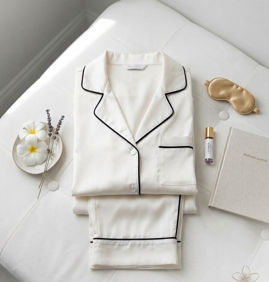 White satin pajama set flat lay on bed