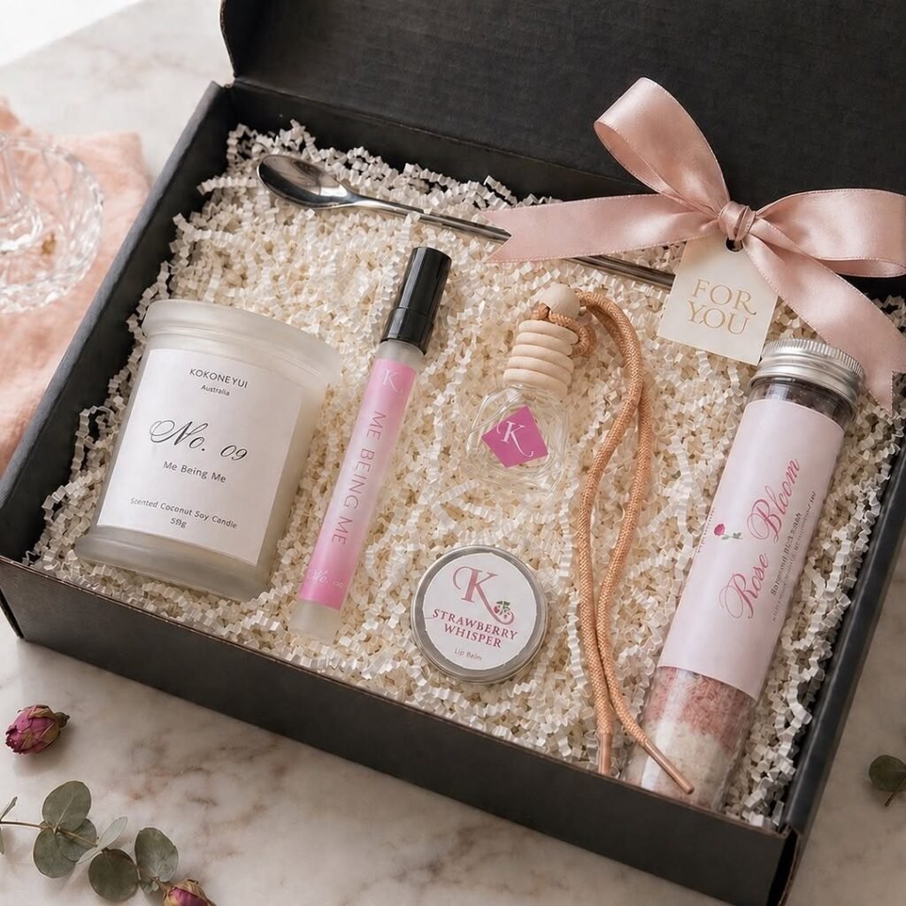 Self-care gift box with candle, bath soak and rosebuds