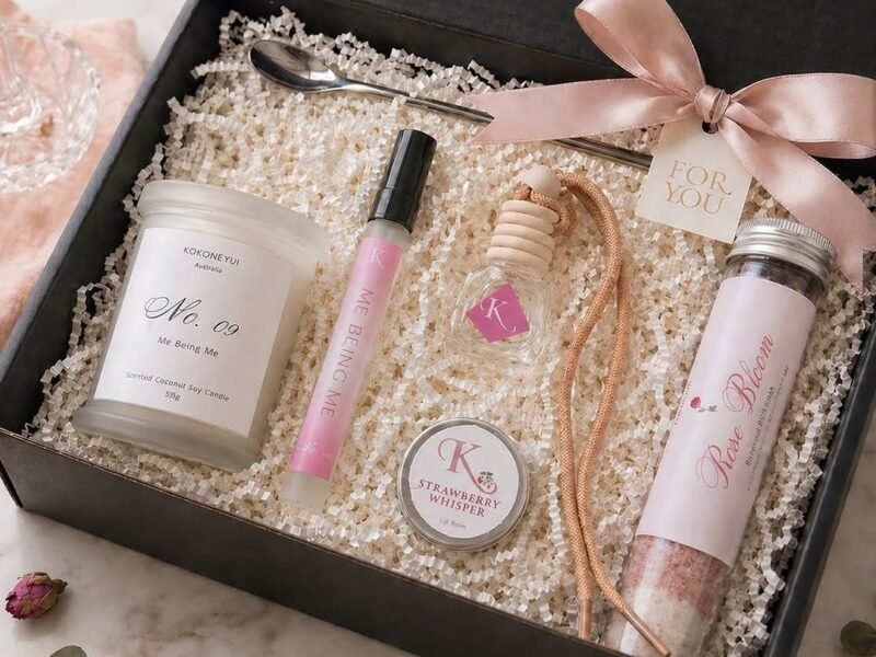 Self-care gift box with candle, bath soak and rosebuds