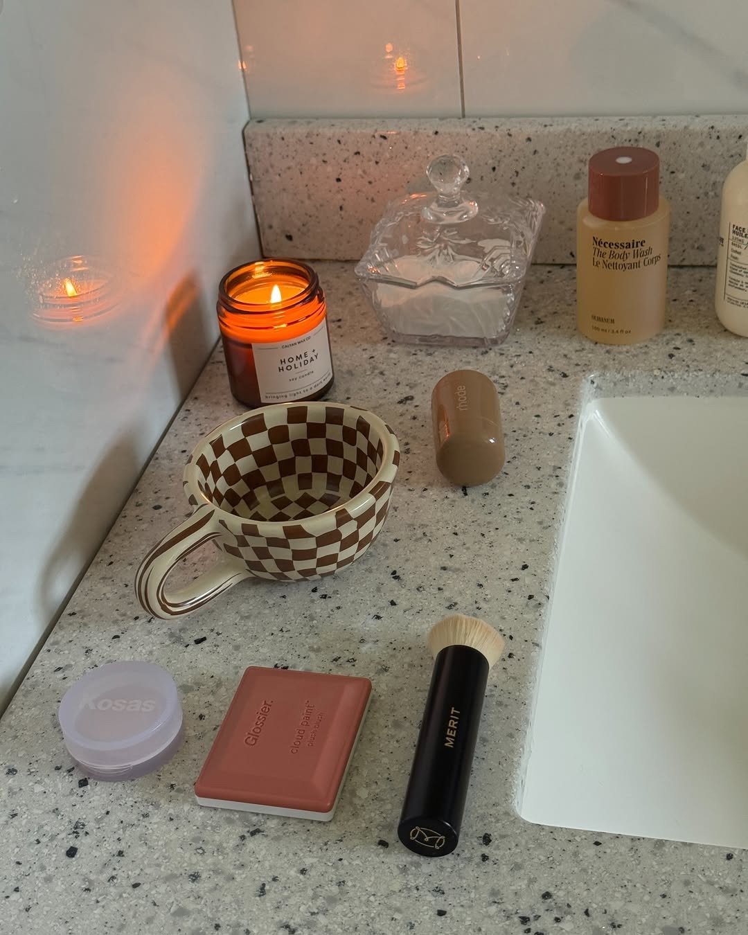 Skincare products on bathroom vanity counter