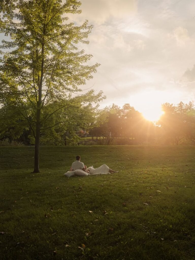 Couple relaxing on a blanket in a park at sunset