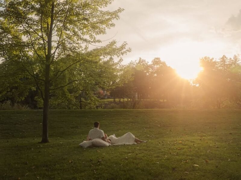 Couple relaxing on a blanket in a park at sunset