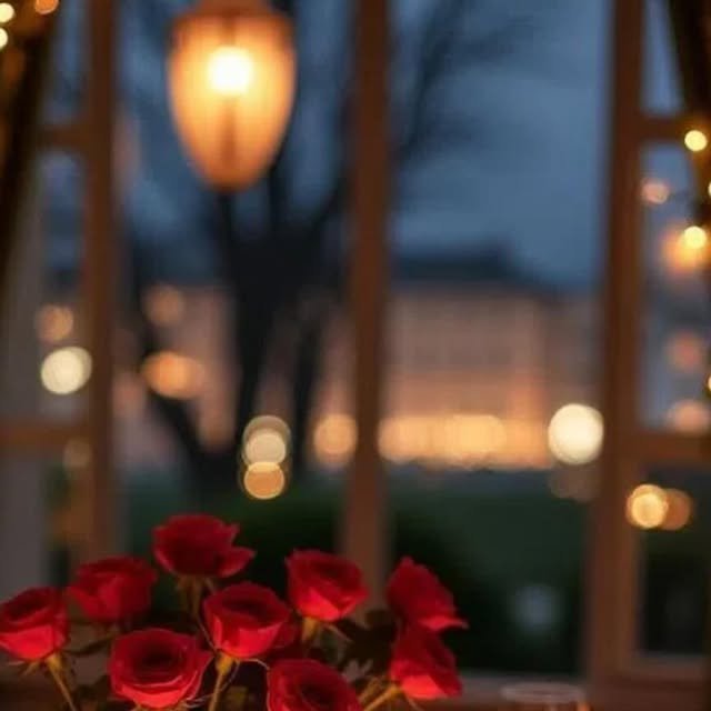 Romantic candlelit dinner table for two with roses