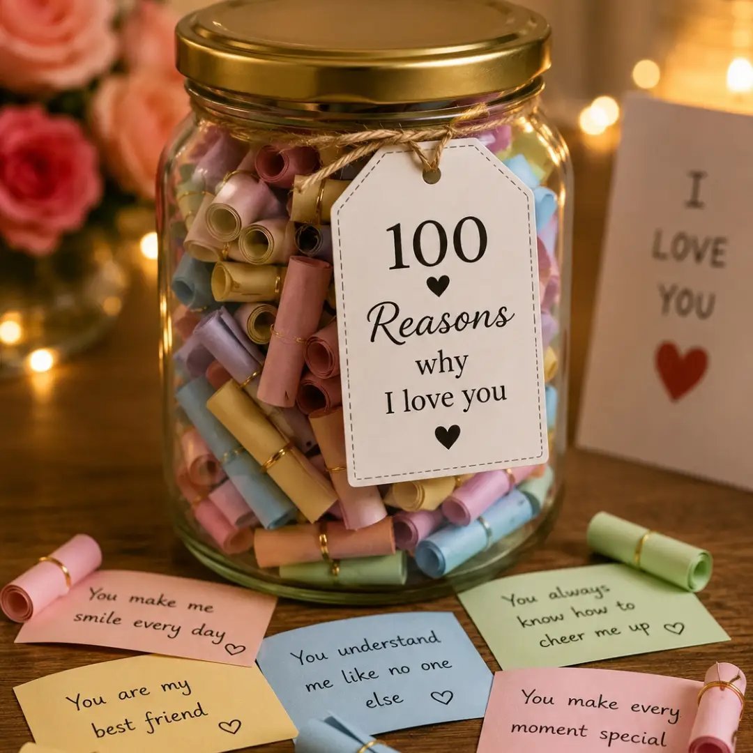 Love note jar filled with rolled notes, roses and fairy lights