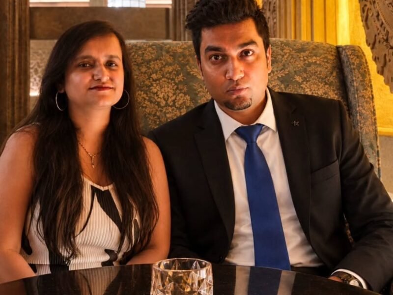 Smiling couple dressed up at a restaurant table with a cocktail