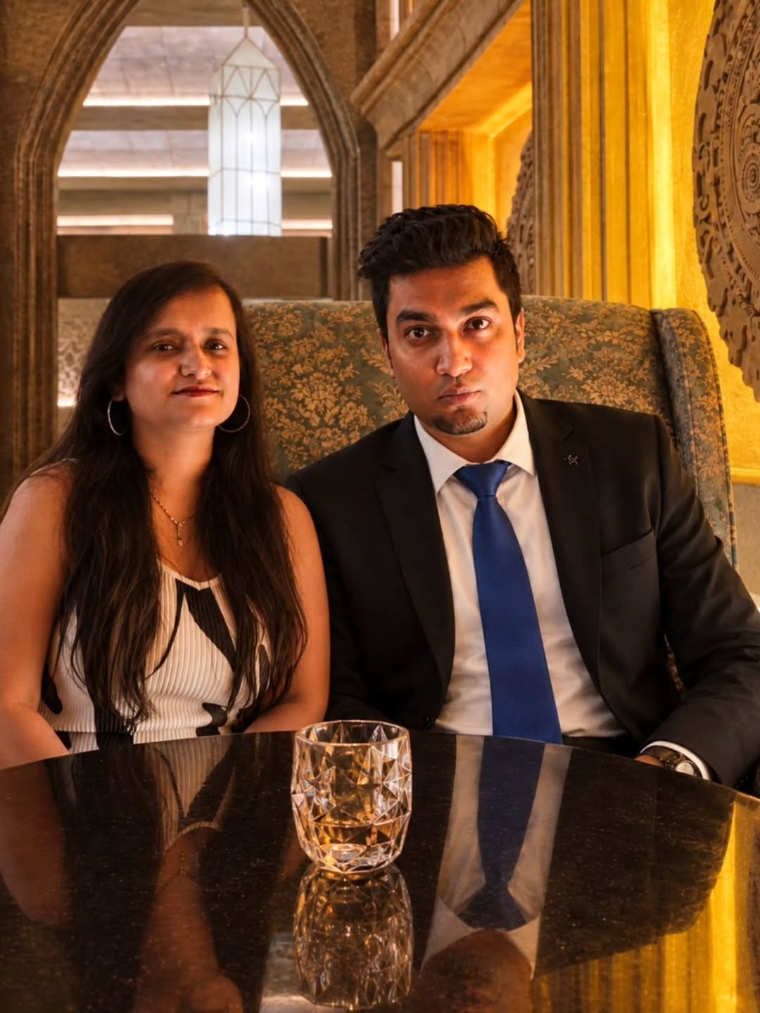 Smiling couple dressed up at a restaurant table, from our date ideas for married couples guide
