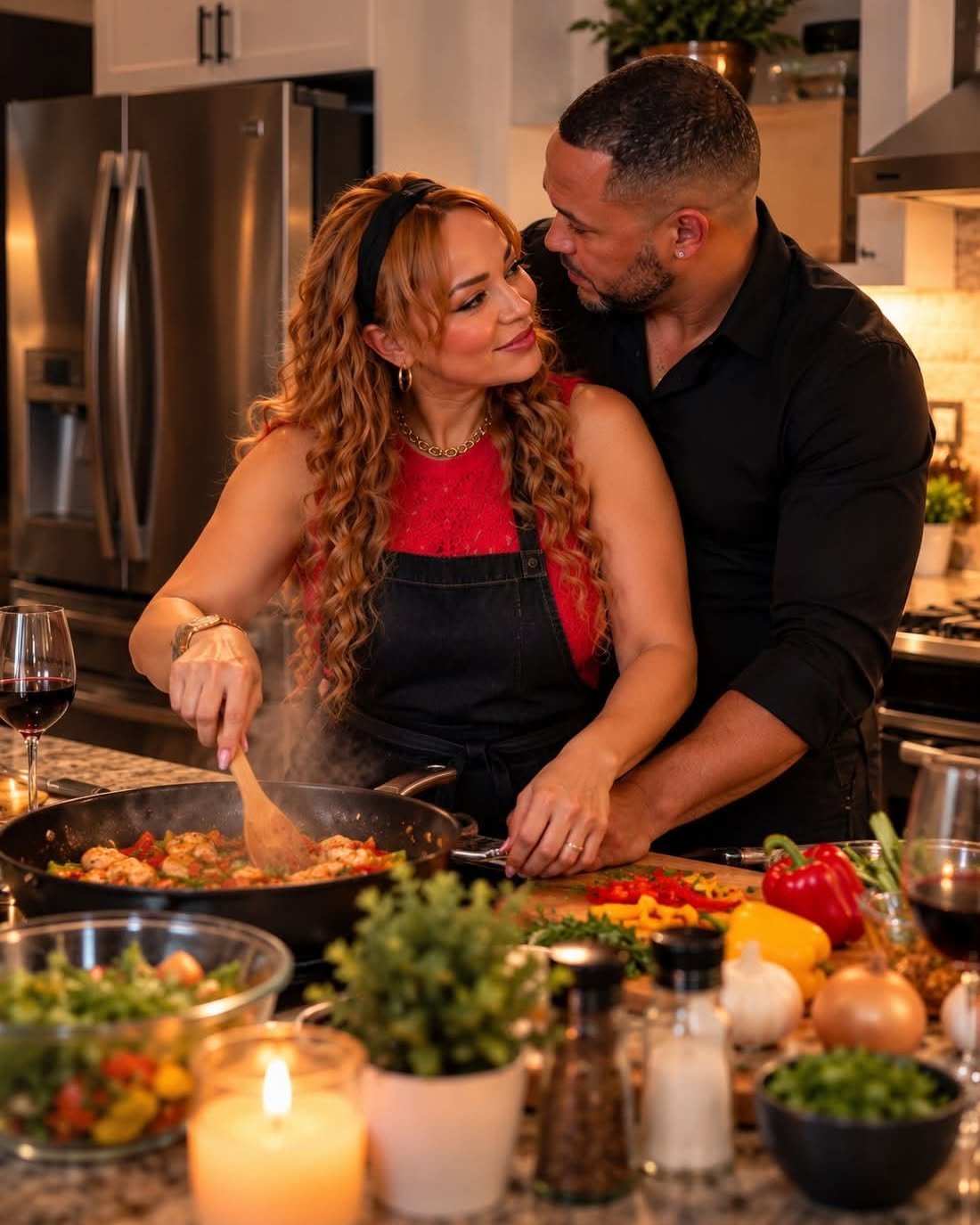 Man embracing woman from behind as she stirs a pan in a candlelit kitchen