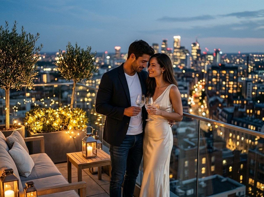 Couple toasting with wine glasses on a rooftop terrace at night