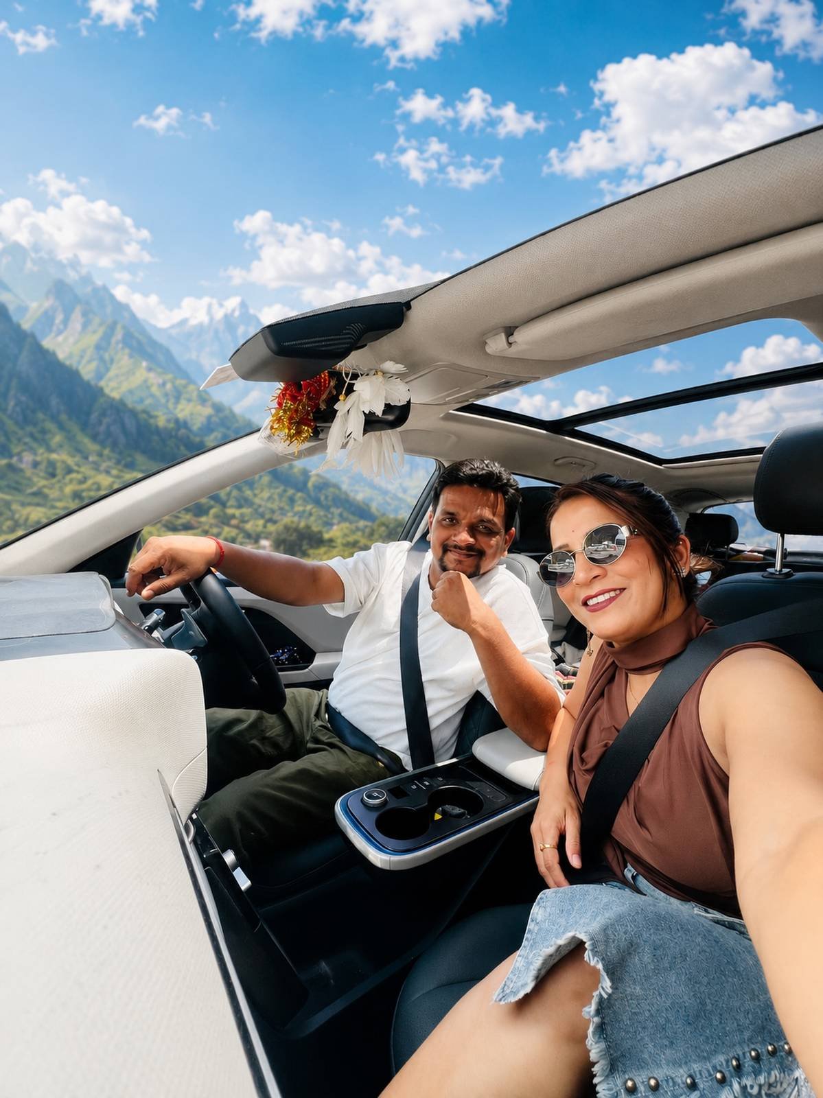 Couple taking a selfie in a car with the sunroof open and mountains ahead