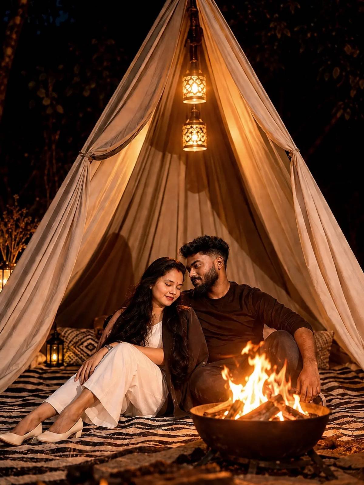 Couple cuddling around a glowing fire pit at night