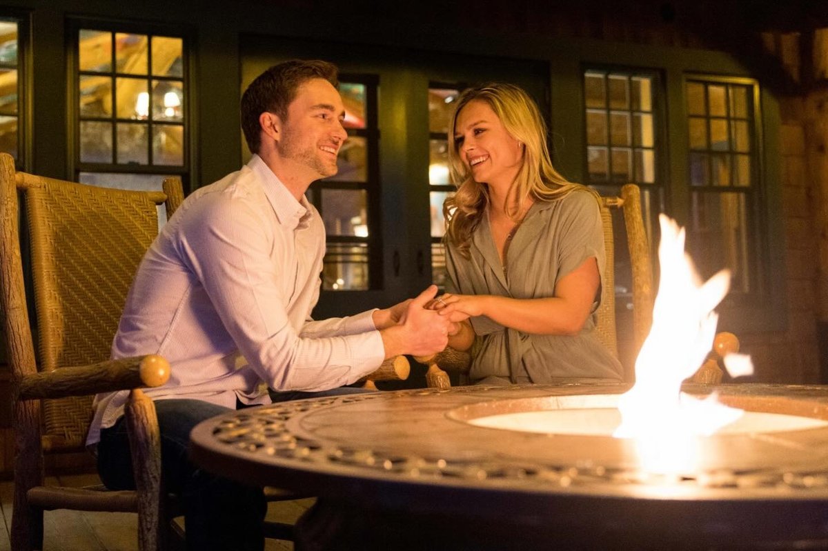 Couple at a fire table at night, holding hands in the firelight