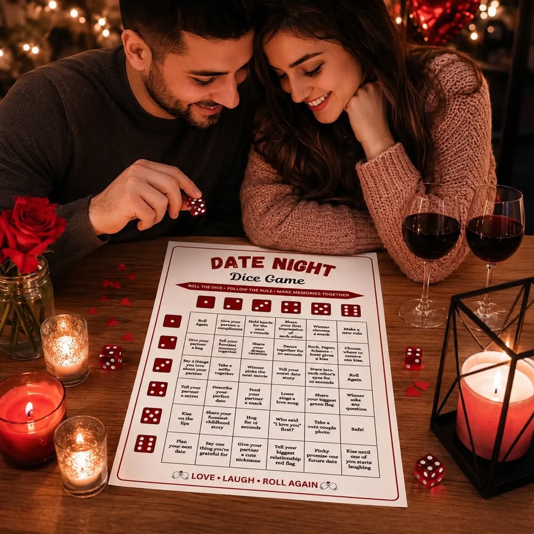 Couple playing a dice game at a candlelit table with wine