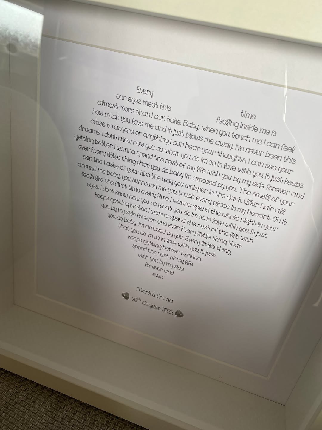 Framed song lyrics in heart shape