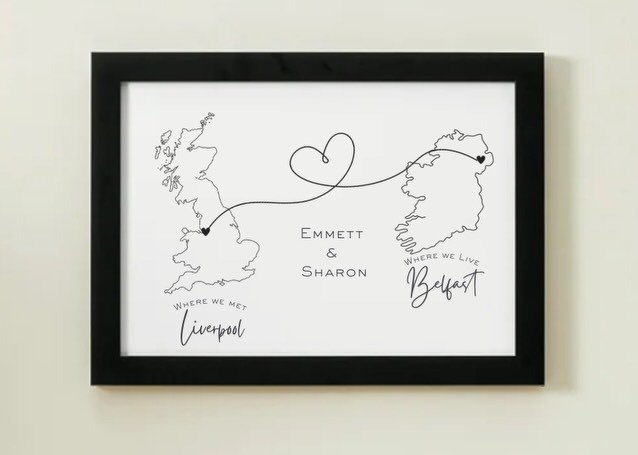 Framed where we met map print with heart line