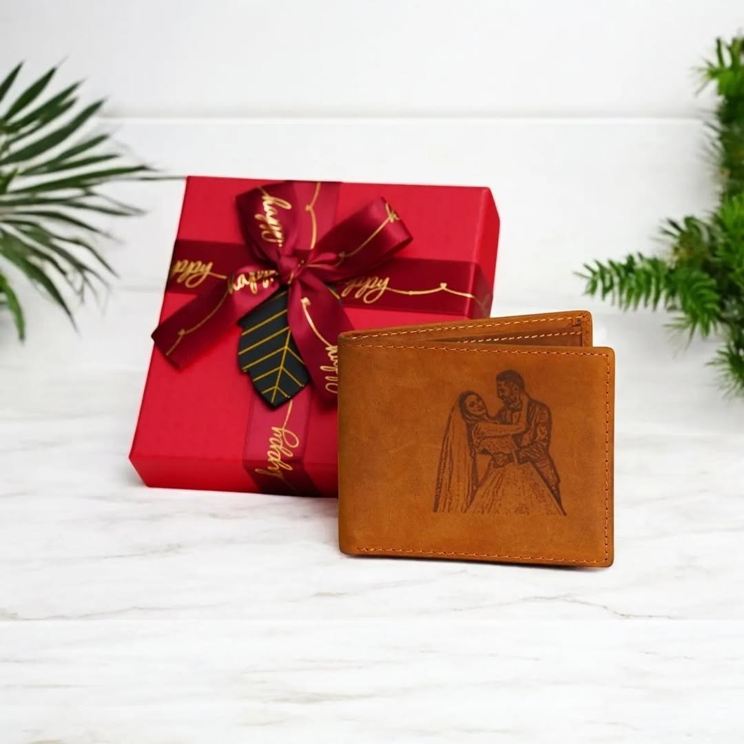 Leather wallet with engraved couple photo by gift box