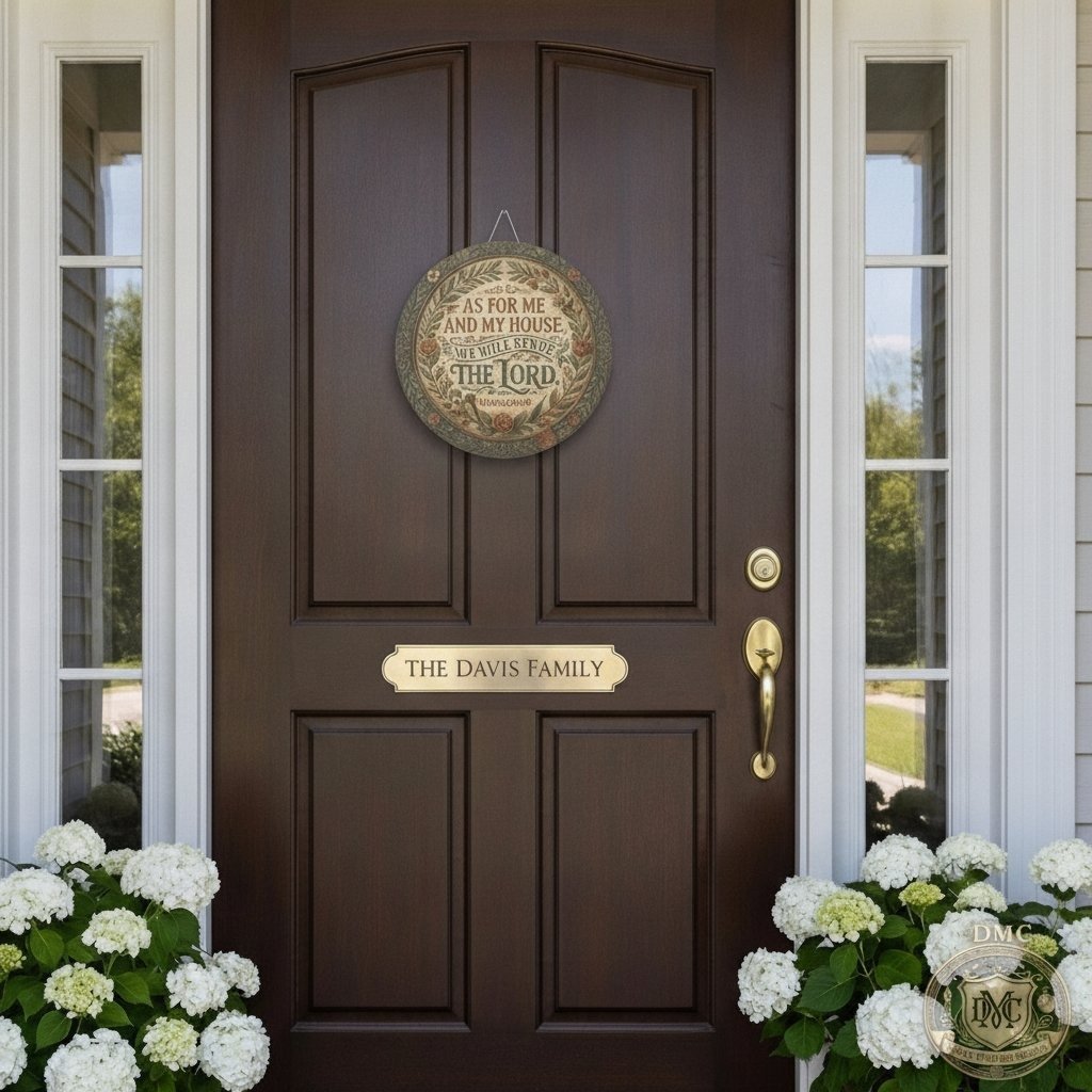 Family name sign on front door with hydrangeas