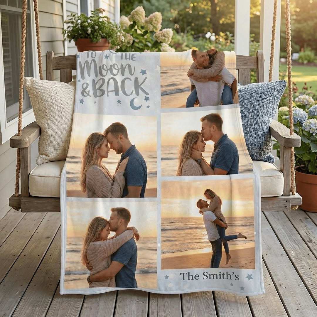 Photo blanket with couple photos draped on swing seat