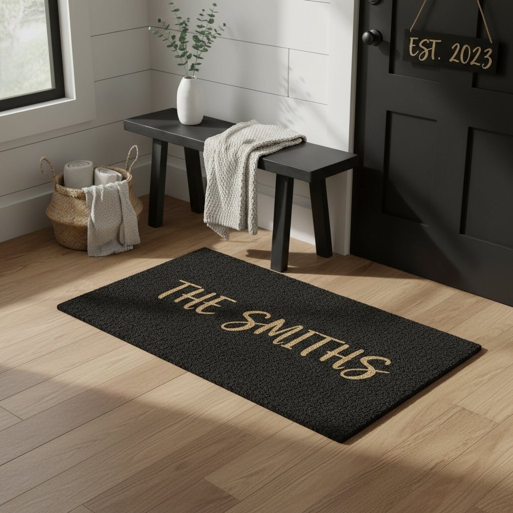 Family name doormat and sign at front door
