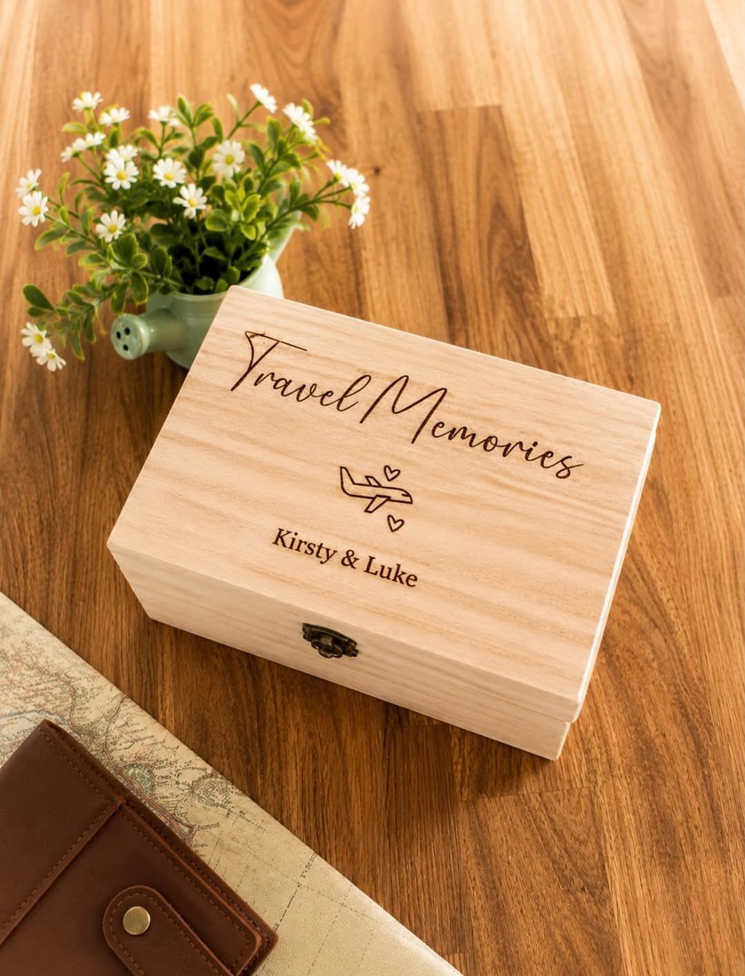 Engraved wooden travel memories keepsake box