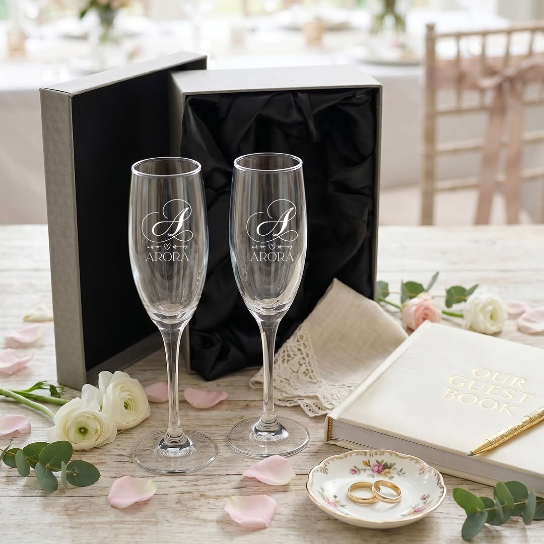 Engraved champagne flutes on wedding table