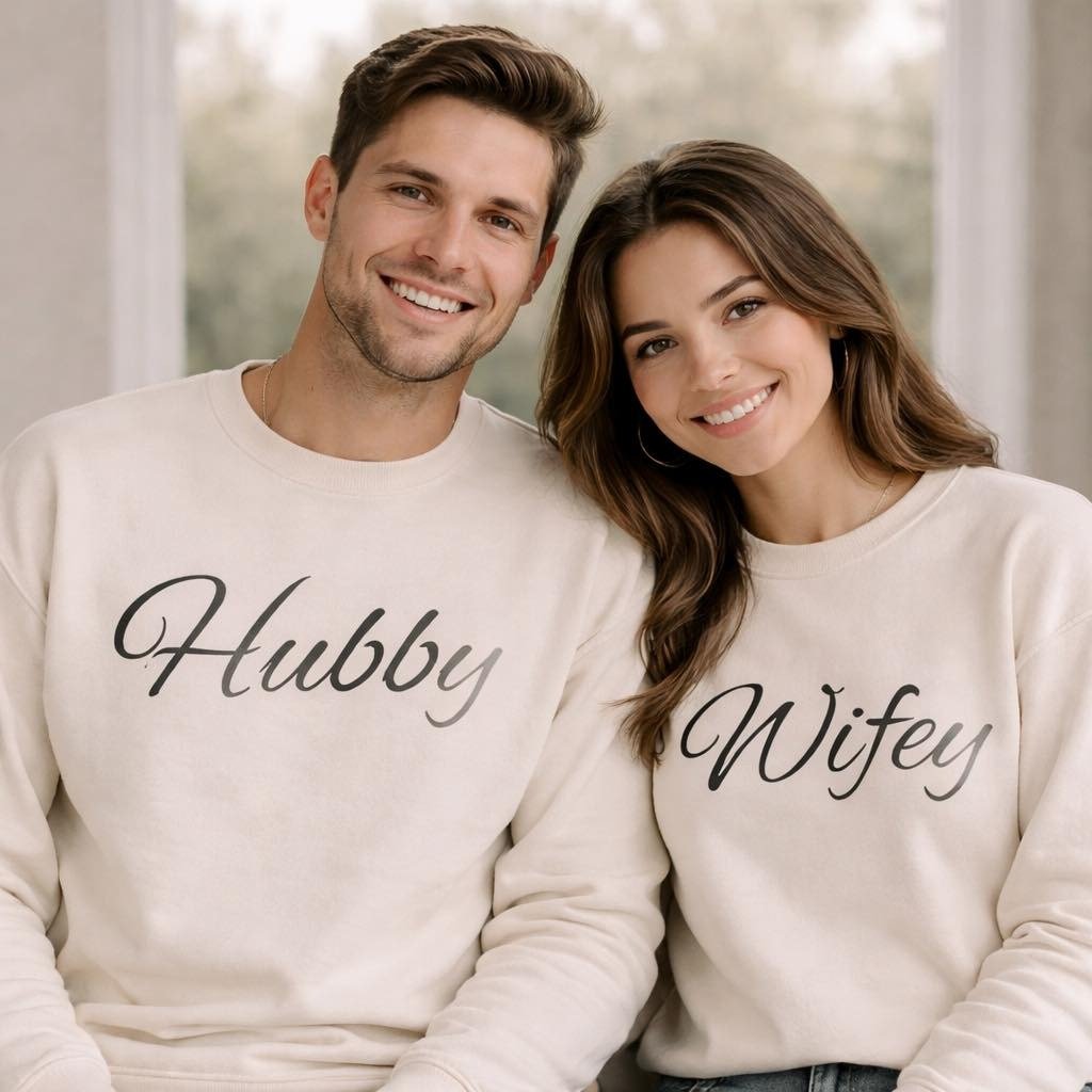 Couple wearing matching hubby and wifey sweatshirts