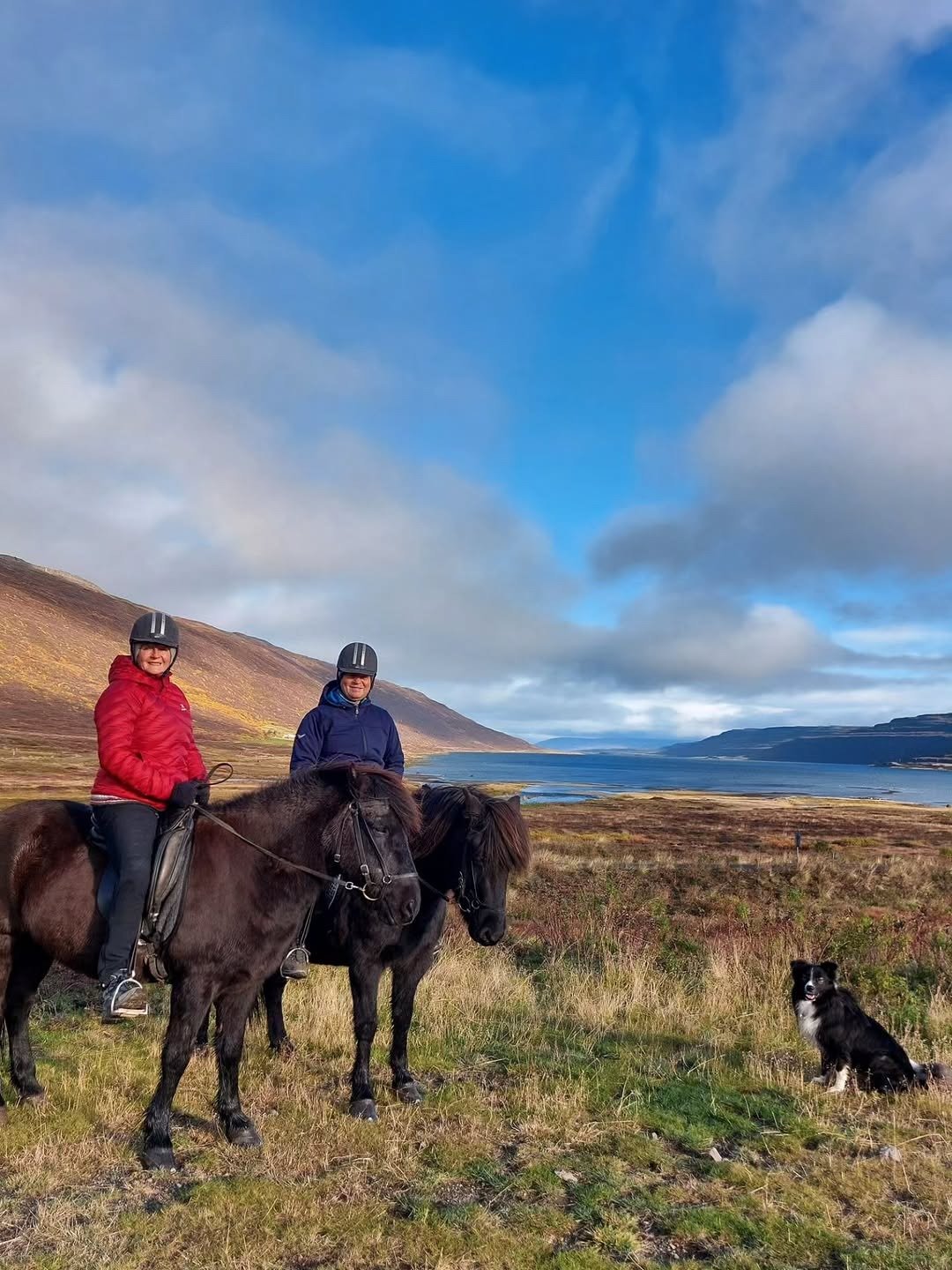 Couple on horses on trail with fjord view