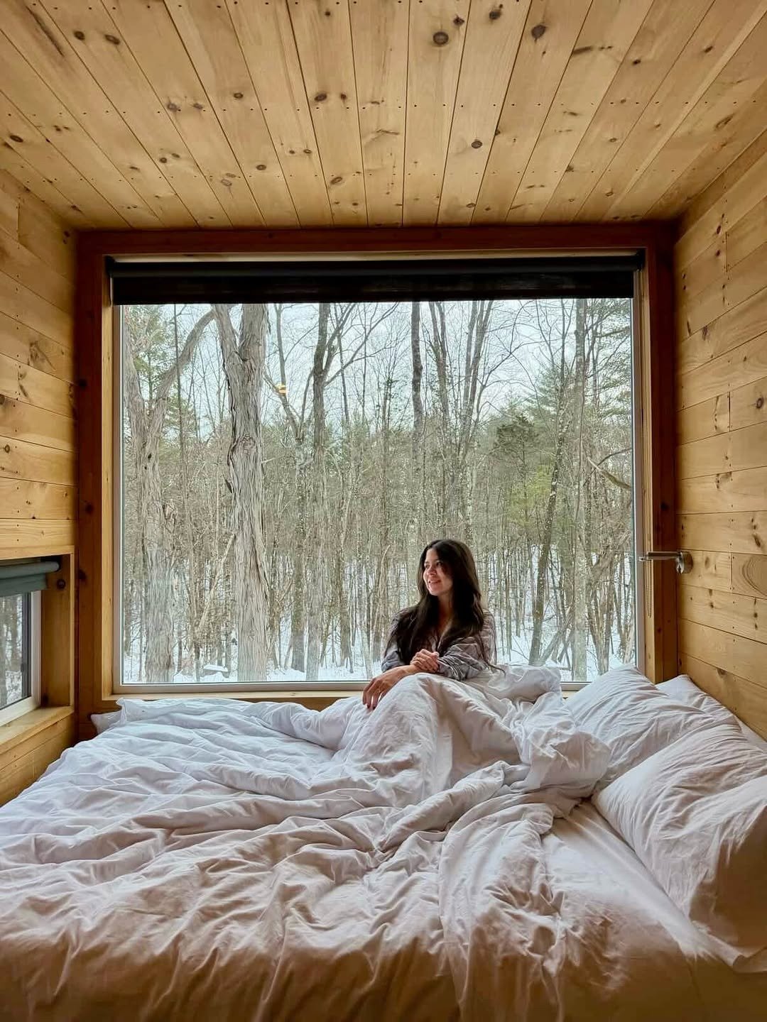 Woman in cabin bed looking at snowy trees through window