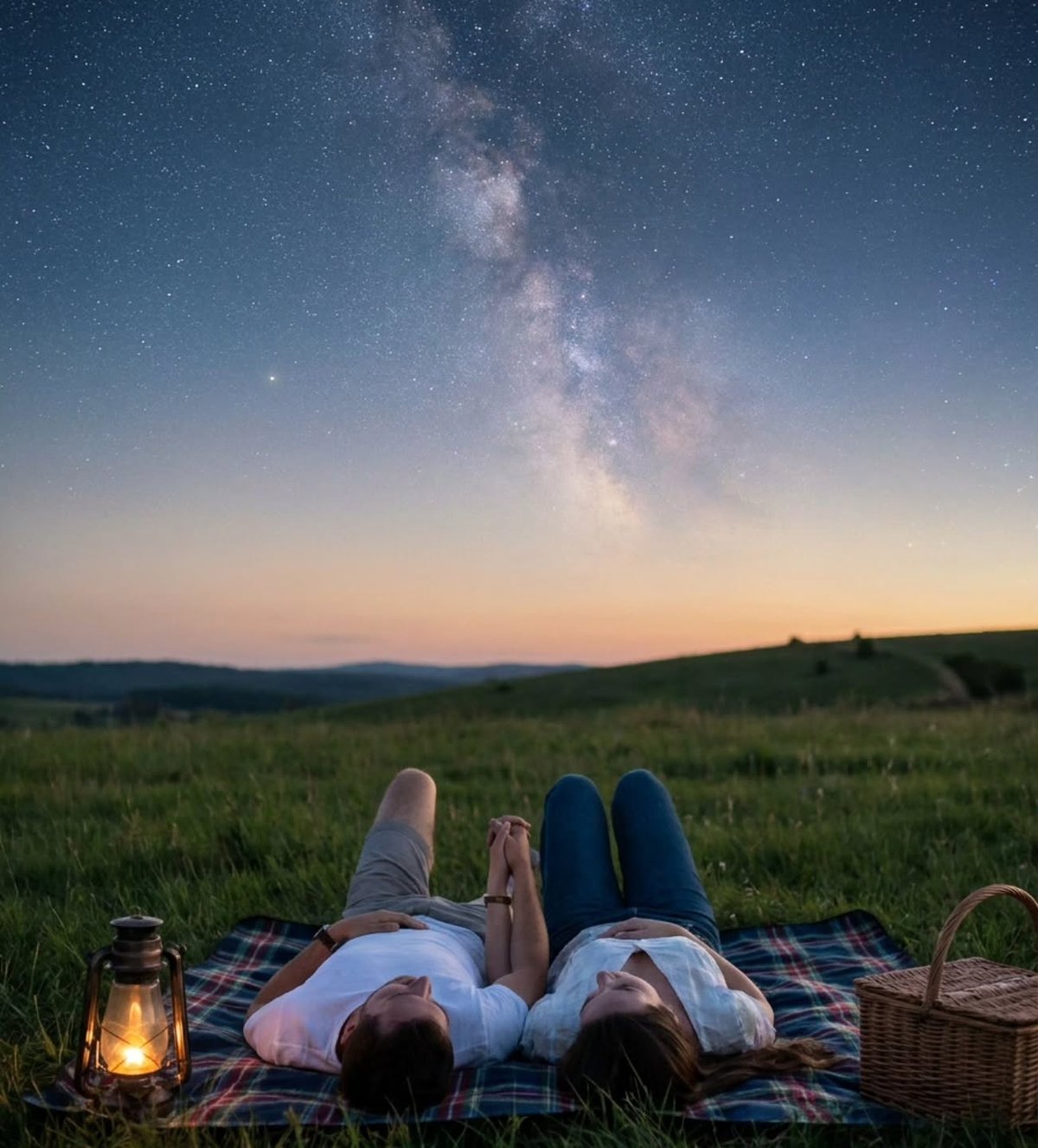 Couple lying on a picnic blanket looking at the night sky