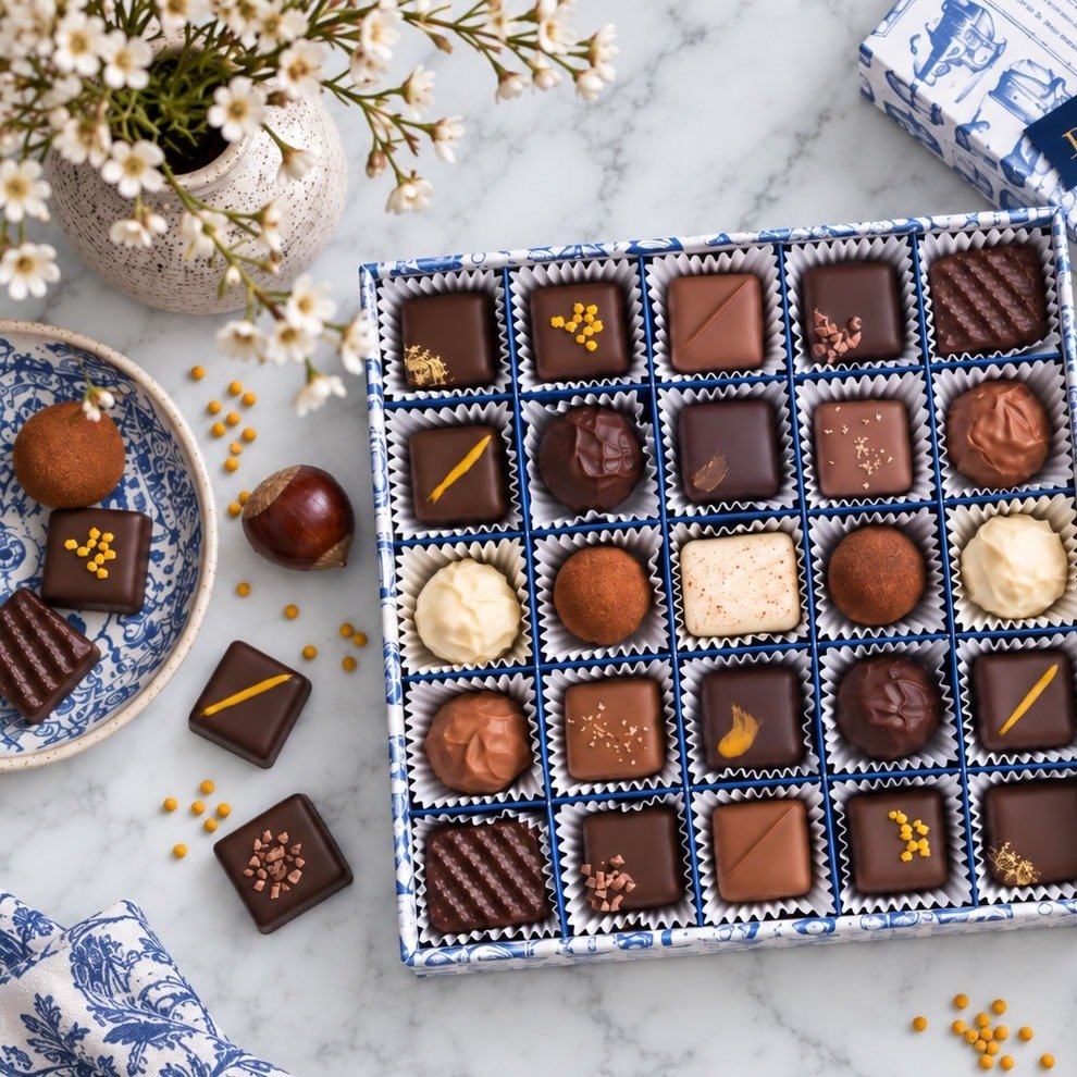 Open box of assorted chocolates and truffles