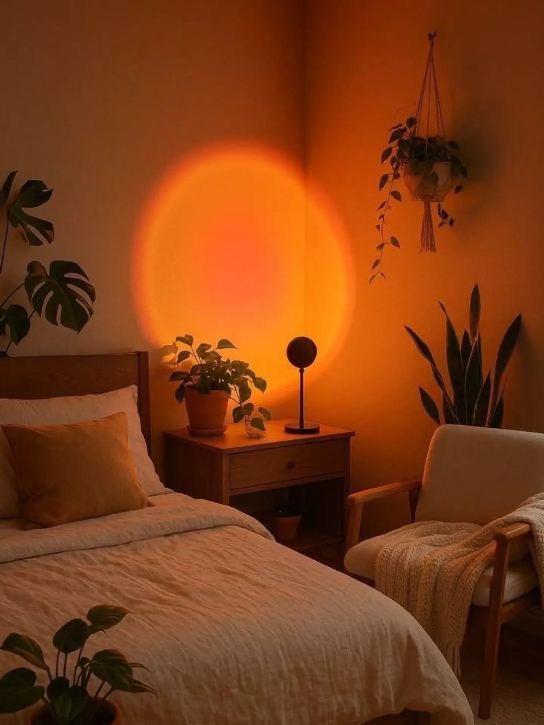 Sunset lamp casting orange glow in cozy bedroom