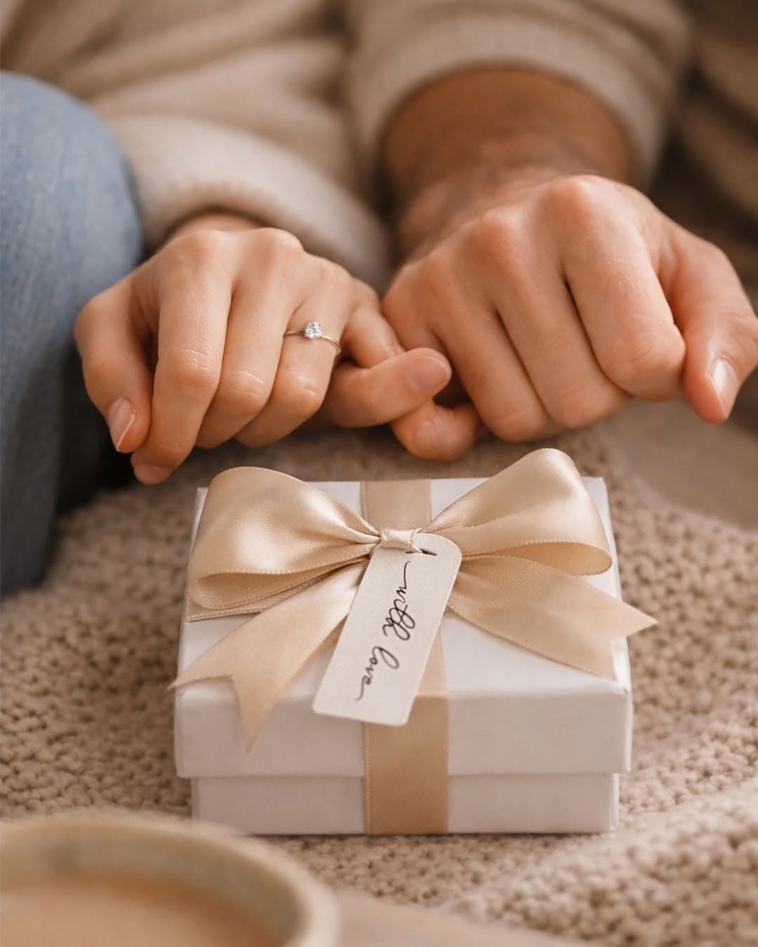 Couple hands over a gift box with bow on knitted blanket