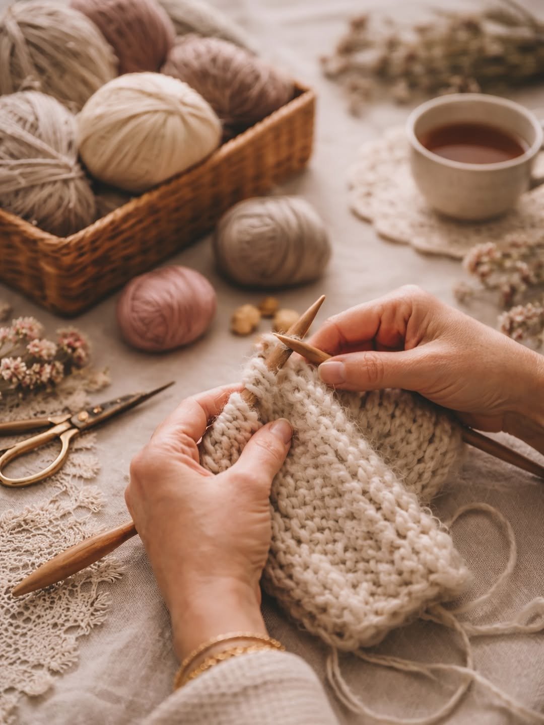Hands knitting cream wool with a yarn basket and tea