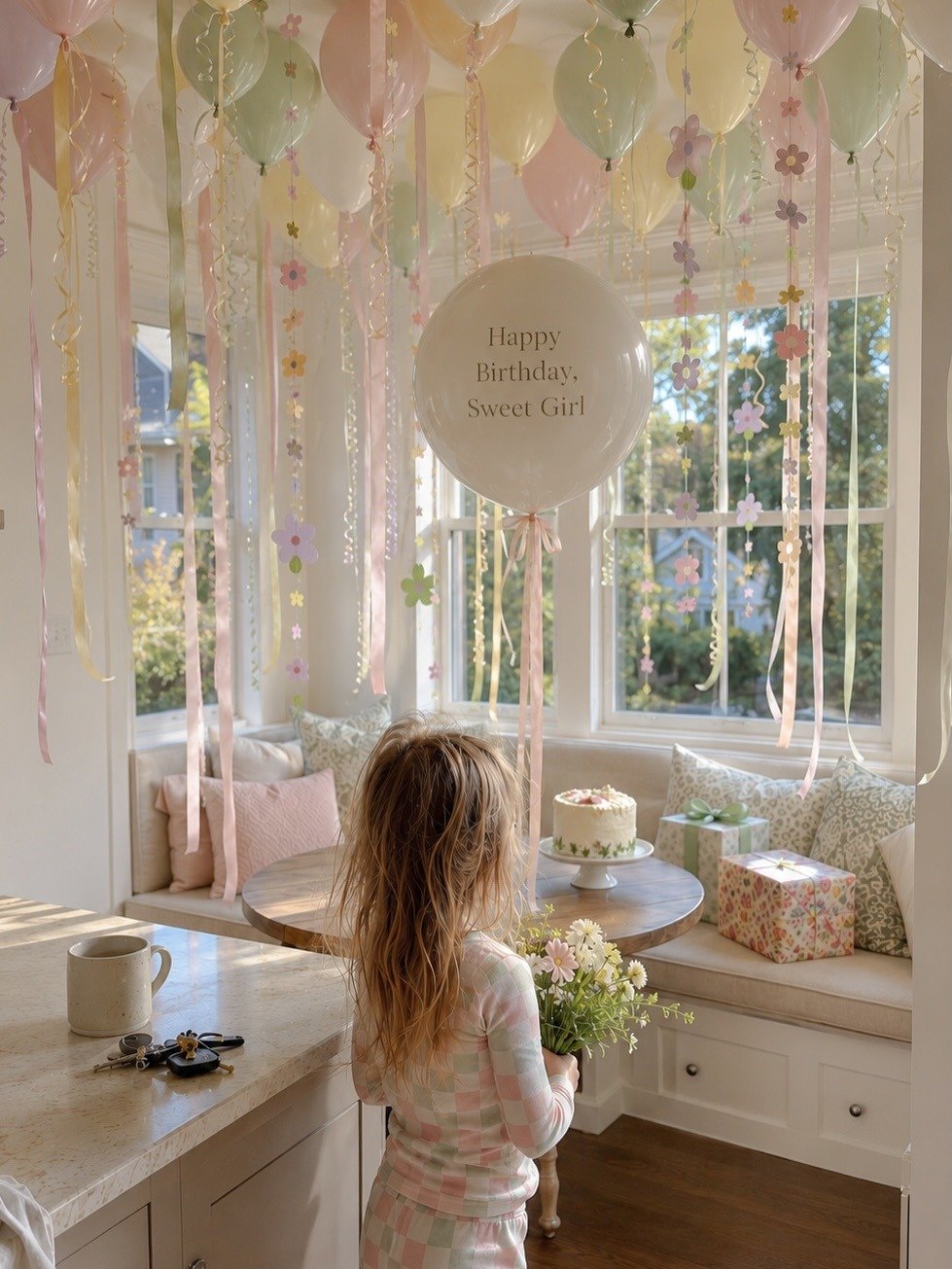 Birthday table with cake, gifts and pastel balloons