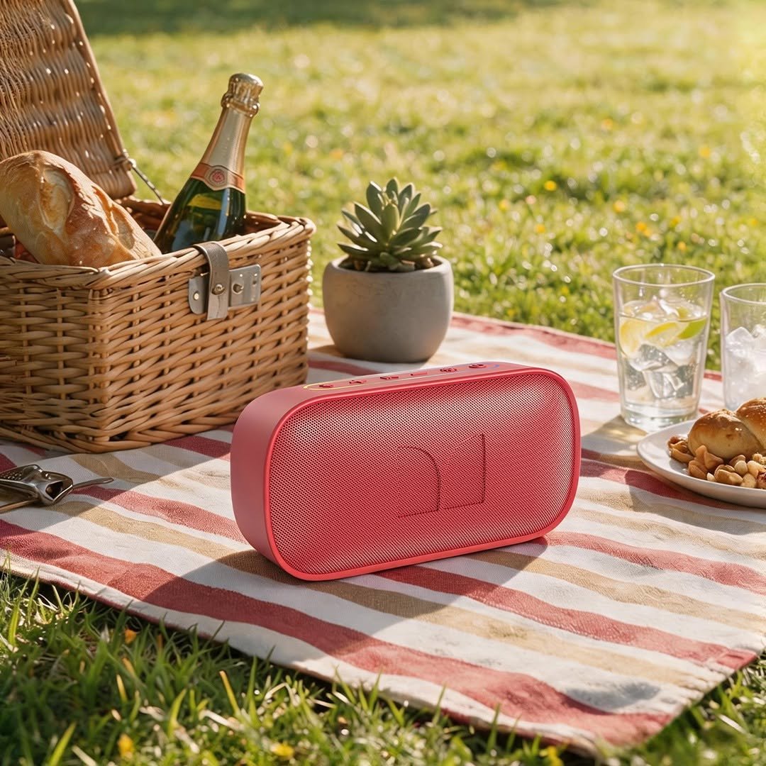 Portable speaker on picnic blanket outdoors