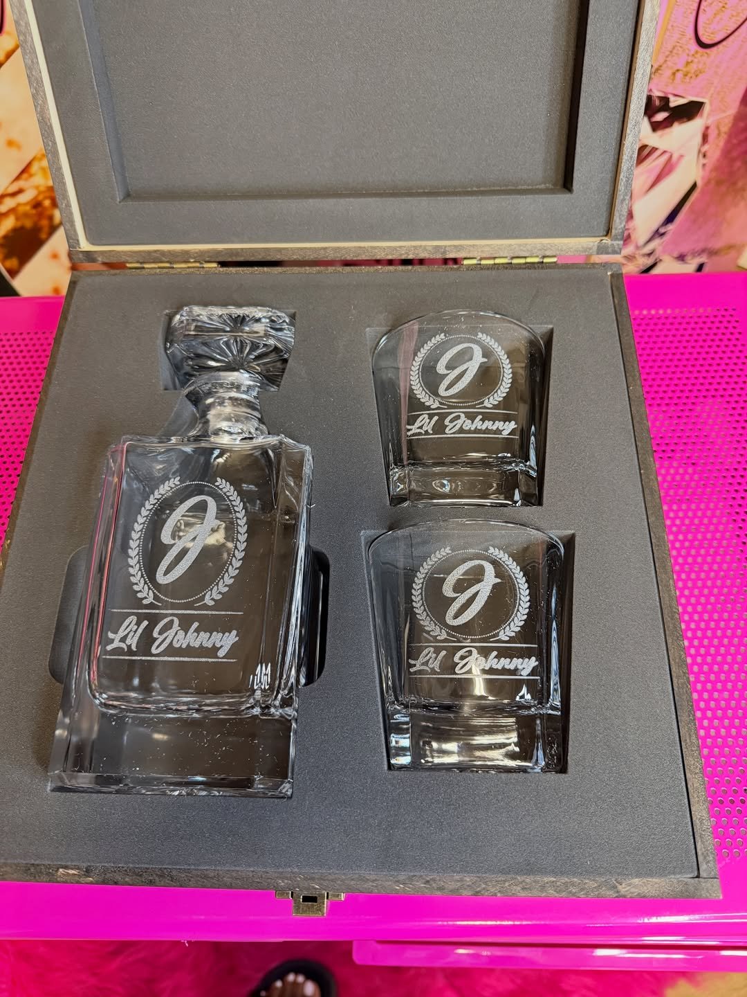 Engraved whiskey decanter and glasses in gift box