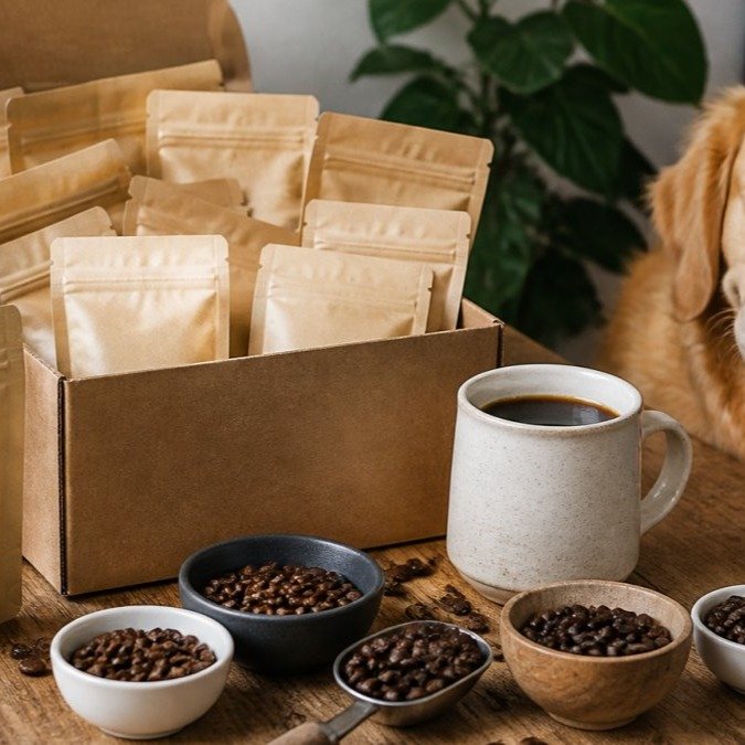 Coffee sample bags with mug and beans on table