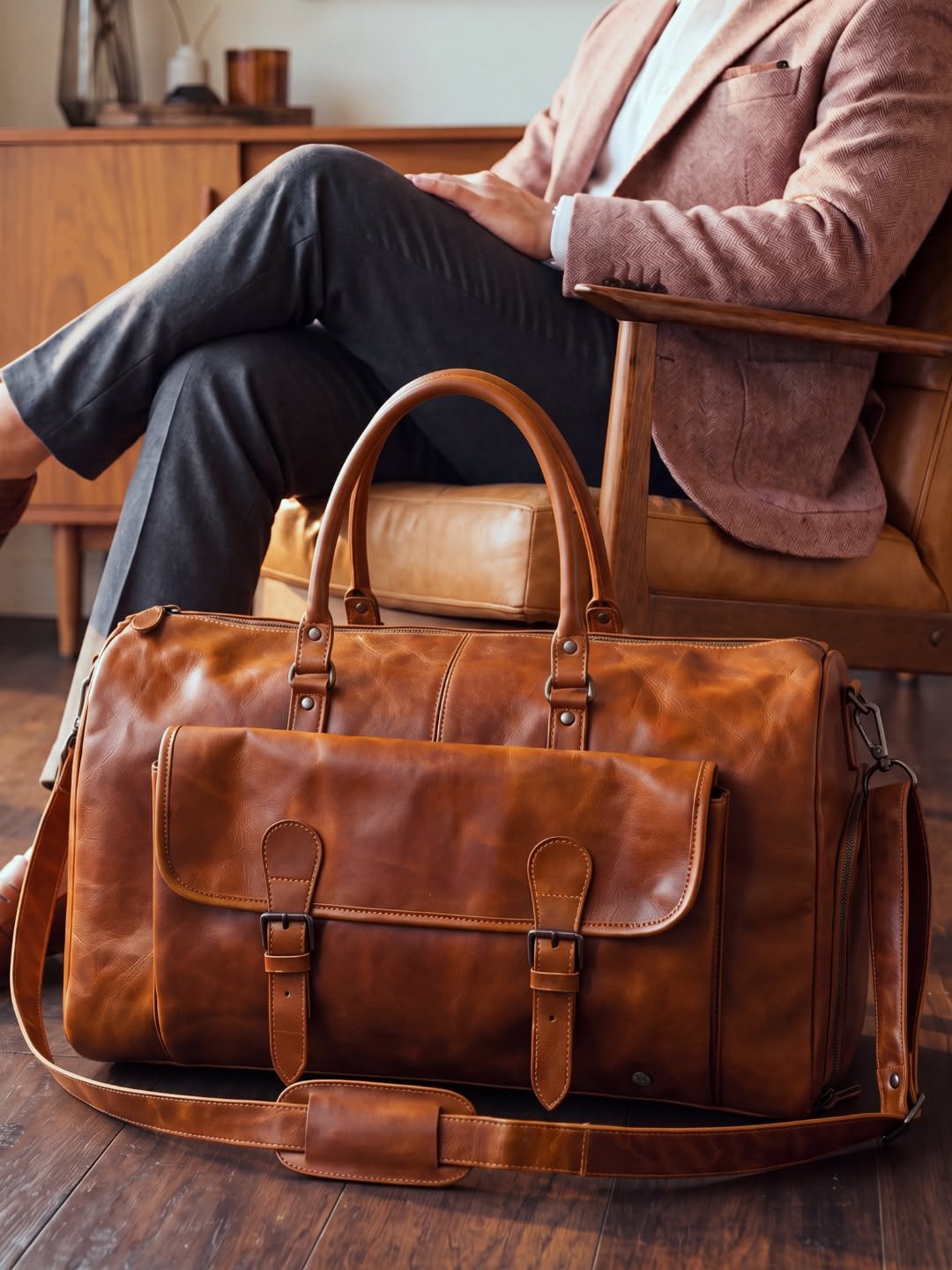 Brown leather weekender duffel bag on wooden floor