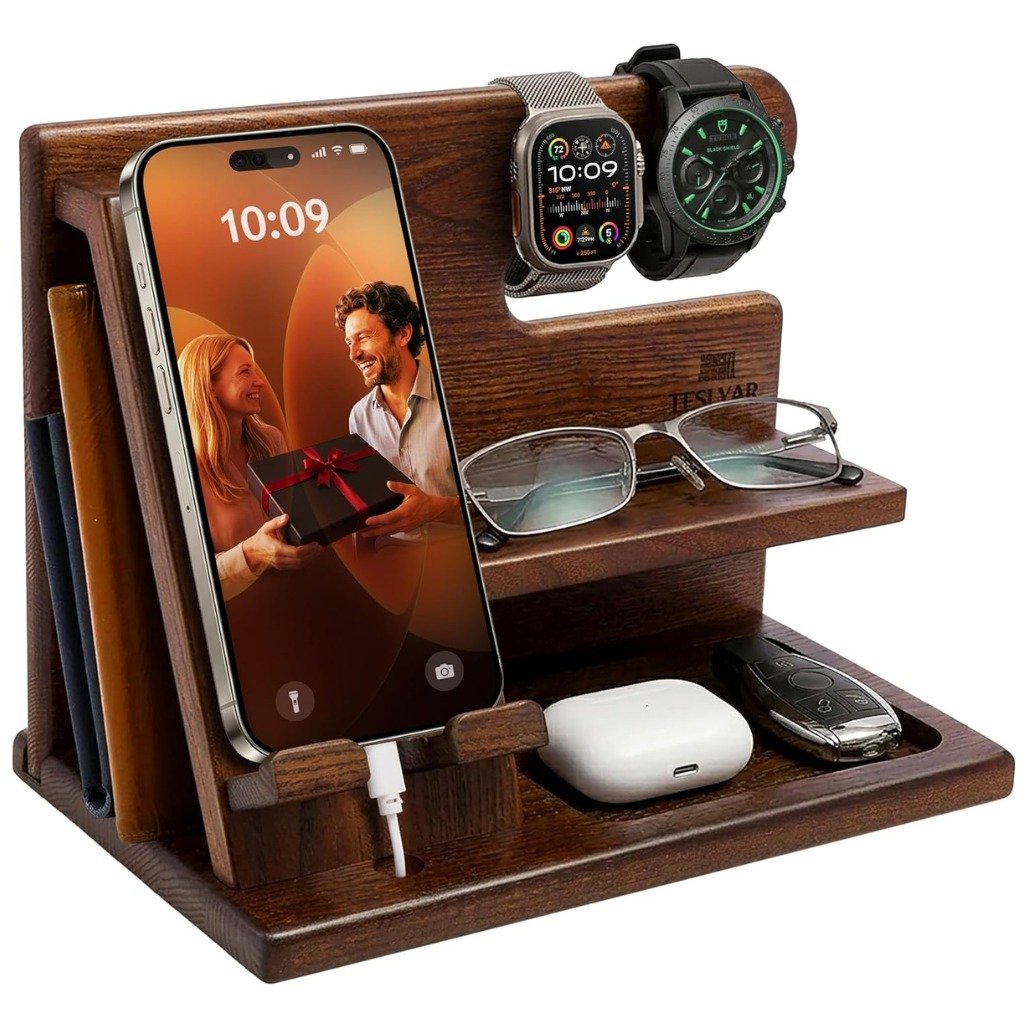 Wooden docking station with phone, watches and wallet