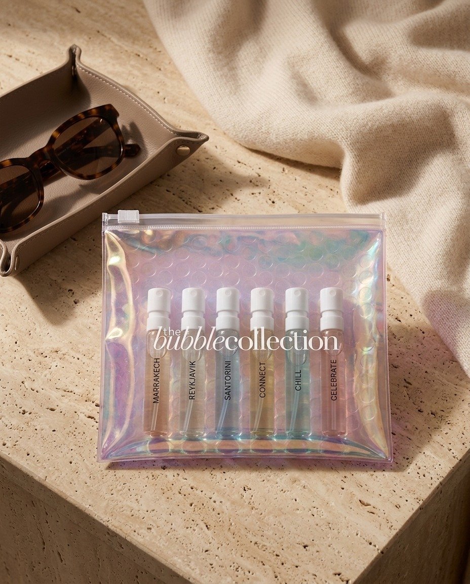 Fragrance discovery vials in pouch on travertine