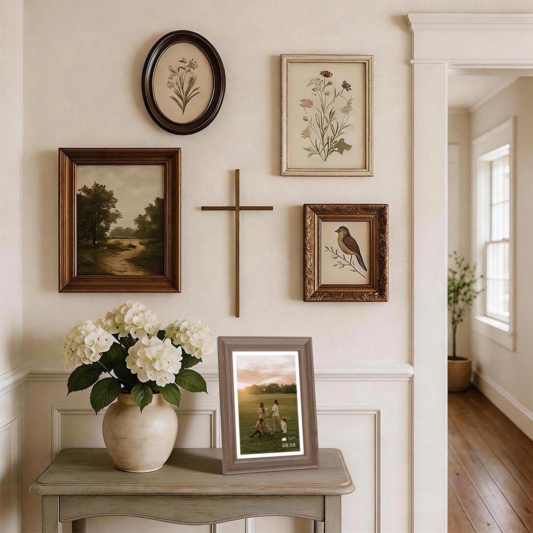 Wi-Fi digital frame showing family photo on console table